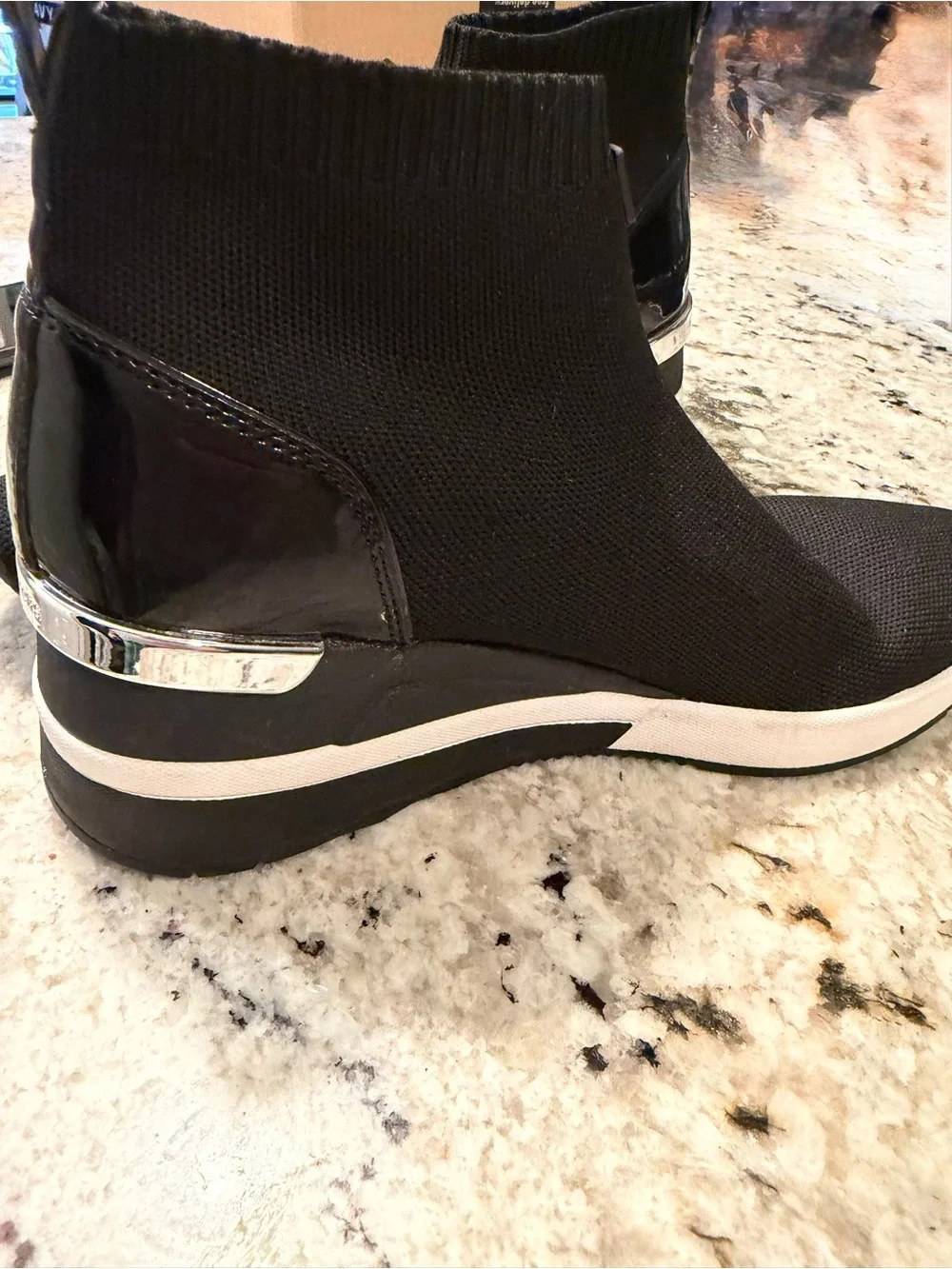 Michael Kors Black Knit Wedge Ankle Booties with Silver Accent